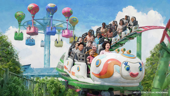 A rendering of the Rhonda’s TrollsFest Express roller coaster in the DreamWorks TrollsFest area of the Universal Kids Resort.