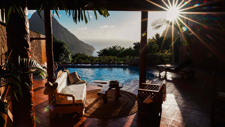 The private pool and deck at one of the 37 rooms at the newly renovated Ladera resort on St. Lucia.