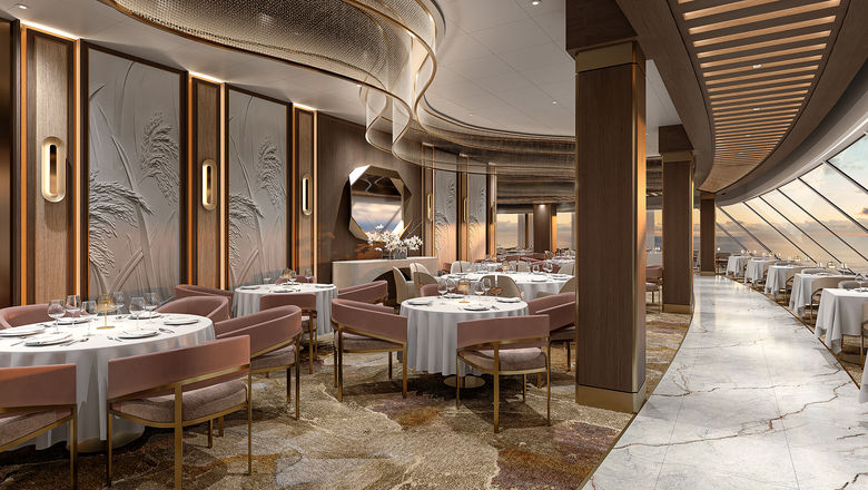 A rendering of the main dining room on the Oceania Sonata, which will debut in 2027.