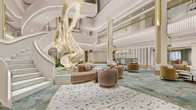 The Oceania Sonata's atrium will have a white stairway, seafoam carpeting and a sculptural centerpiece.