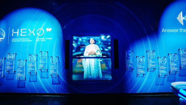 The lobby of Interstellar Arc features information about the VR voyage to the 27th century. Photo