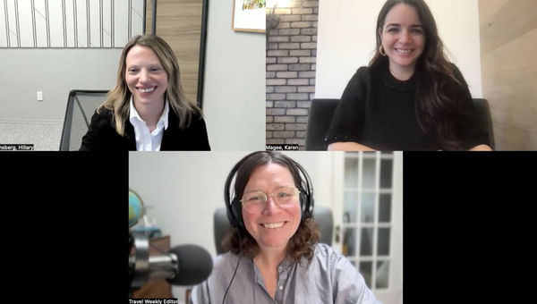 Clockwise from top left: Hillary Reinsberg, head of content for card and connected commerce at Chase, Karen Magee, president of Valerie Wilson Travel, and host Rebecca Tobin. Clockwise from top left: Hillary Reinsberg, head of content for card and connected commerce at Chase, Karen Magee, president of Valerie Wilson Travel, and host Rebecca Tobin.