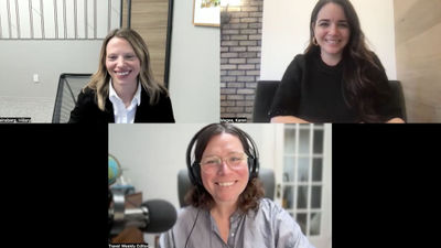 Clockwise from top left: Hillary Reinsberg, head of content for card and connected commerce at Chase, Karen Magee, president of Valerie Wilson Travel, and host Rebecca Tobin.