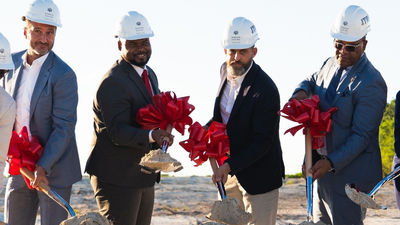 Participating in the Kempinski Grace Bay groundbreaking were, from Peter Korbačka, JTRE; Jamell Robinson Turks and Caicos deputy premier; Marek Baca, JTRE; and Charles Washington Misick, premier of the Turks and Caicos Islands.