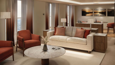 Rendering of a living room area in a Penthouse Suite on the Crystal Grace.