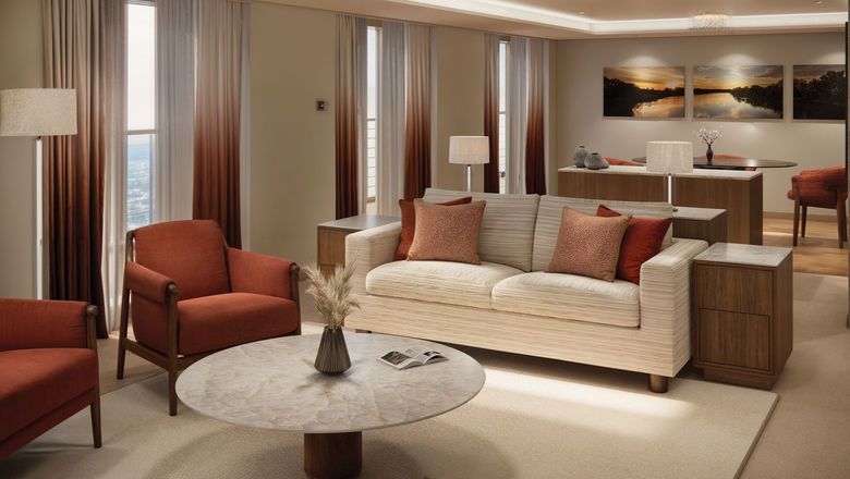 Rendering of a living room area in a Penthouse Suite on the Crystal Grace.