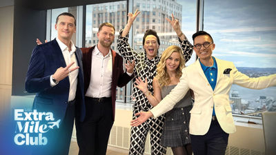 A promotional shot from "Extra Mile Club." From left, travel advisors Michael and Steven Lieberman, Olympic figure skaters Johnny Weir and Tara Lipinski, and travel advisor Tom Ho.