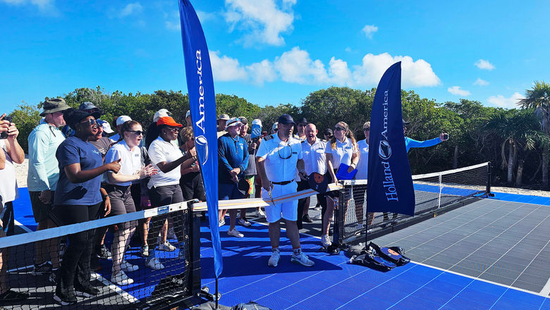 The ribbon-cutting for new pickleball courts at RelaxAway, Half Moon Cay.