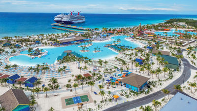 Carnival ships docked at Bahamas private destination Celebration Key.