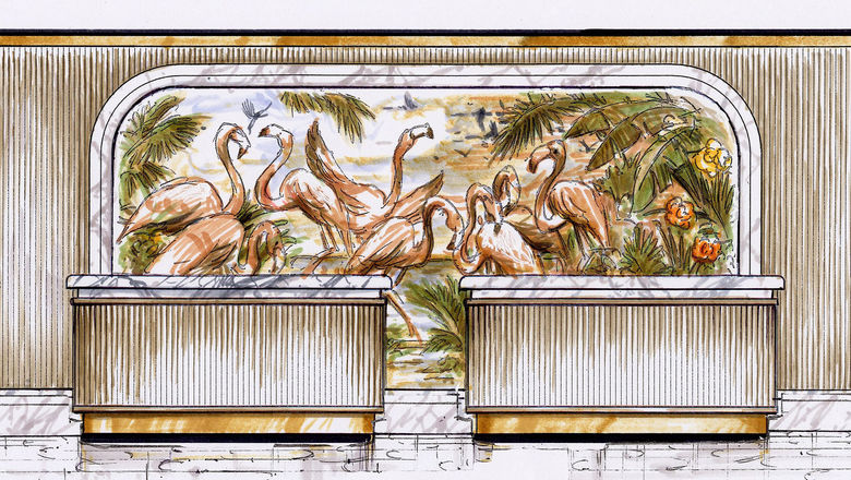 A rendering of the renovated registration desk at the Flamingo Las Vegas. Images of the resort's namesake bird will be incorporated throughout the remodeled areas.