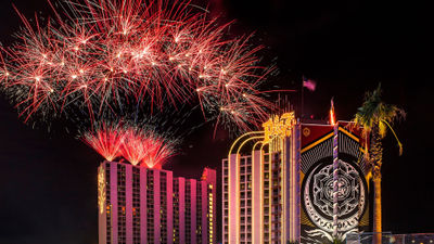 Pyrotechnics will be launched from atop the Plaza, pictured, and a number of other resorts at the stroke of midnight in Las Vegas.