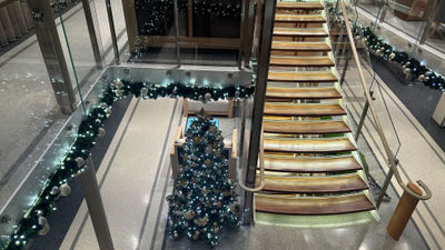 Viking has an understated approach to holiday decorating: white lights and silver ornaments.