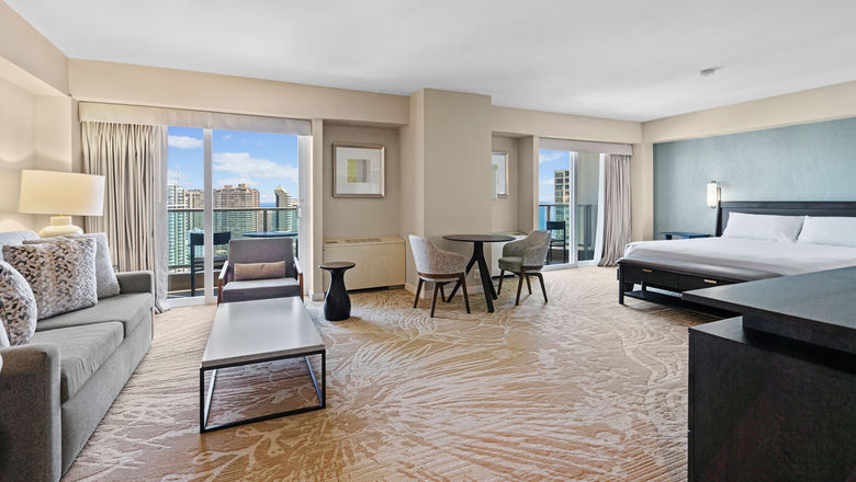 A junior suite at the Ala Moana Hotel by Mantra in Honolulu. Units in the hotel's Waikiki and Kona Towers feature new custom furnishings and modern lighting.