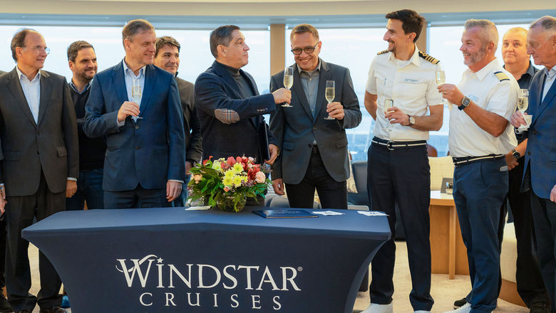 A champagne celebration during the official handover of the Star Seeker from the WestSea shipyard to Windstar Cruises.