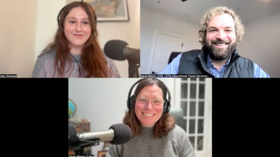 Clockwise from top left: Brinley Hineman of Travel Weekly, David Welch of ETS and host Rebecca Tobin talk about why people travel to explore their faith.