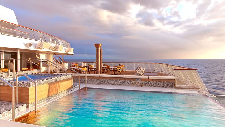 The Aquavit Terrace and aft infinity pool on Viking ocean ships.