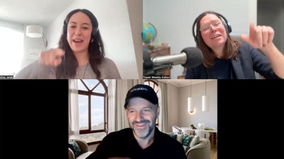 Clockwise from top left: Travel Weekly's Christina Jelski and Rebecca Tobin and Jon Makhmaltchi, the founder of J.Mak hospitality, trace the next letter that could be used to describe luxury traveler trends.