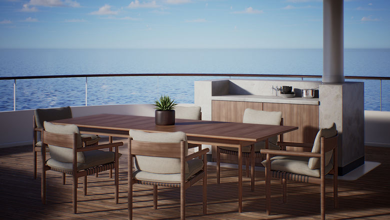 A rendering of an owner's suite veranda on the Crystal Grace.