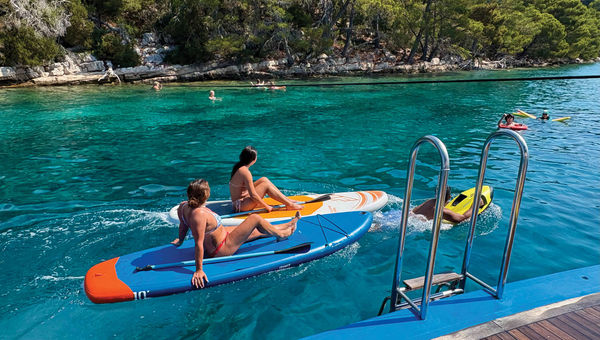 A swim deck with two ladders made it easy to take a plunge into the Adriatic for some swimming or watersports. A swim deck with two ladders made it easy to take a plunge into the Adriatic for some swimming or watersports.