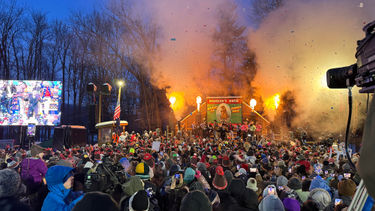 As the moment approached for Punxsutawney Phil to make his prediction, fireworks and confetti cannons exploded. An estimated 30,000 to 40,000 people attended Groundhog Day celebrations. Among them are visitors from 46 different countries.