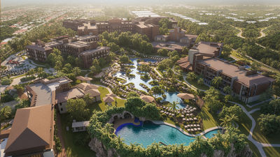 An aerial rendering of the Lopesan Caoba Lagoon, Lopesan Serenity Bay and Lopesan Splash Cove resorts, which will open in Punta Cana this spring.