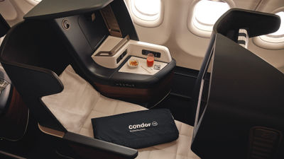 A lie-flat business class seat on one of Condor's new A330neo aircraft. The German airline is looking to increase its appeal with those flying on business.
