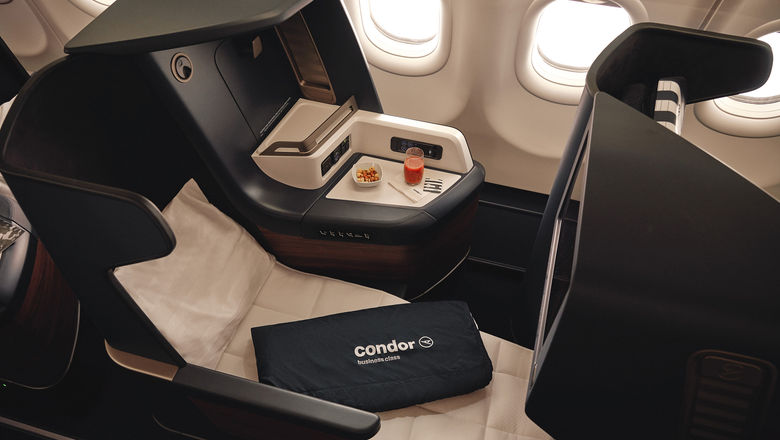 A lie-flat business class seat on one of Condor's new A330neo aircraft. The German airline is looking to increase its appeal with those flying on business.