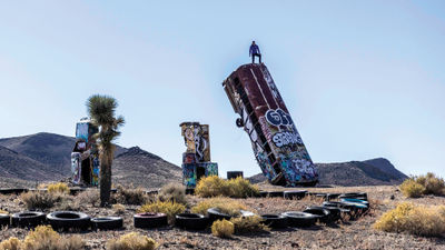 Alex Honnold scaled Nevada’s International Car Forest, south of Goldfield, for his new travel series.