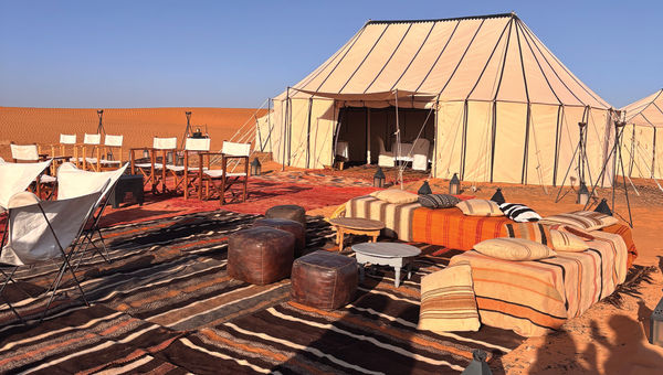 Abercrombie & Kent's luxury desert camp in the Sahara had an outdoor lounge area and dining tent. Abercrombie & Kent's luxury desert camp in the Sahara had an outdoor lounge area and dining tent.