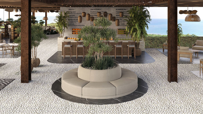 A rendering of the outdoor lobby of TheLifeCo, set to open on St. Lucia in April.