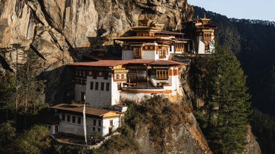 The Tiger’s Nest Monastery, a temple built into a cliffside in Bhutan's Paro Valley.