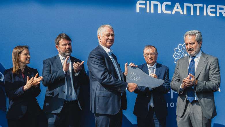Attending the steel-cutting of the Explora VI were, from left, Explora Journeys president Anna Nash, MSC Cruises director of site offices Mimmo Lubrano, MSC Cruises executive chairman Pierfrancesco Vago and Fincantieri's Luigi Matarazzo and Pierroberto Folgiero.