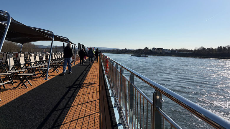 After the announcement of mechanical issues on the AmaSofia, travel advisors onboard participated in a group walk on the ship's sun deck.