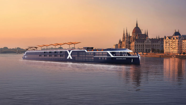 A rendering of a Celebrity river cruise ship. The river ships will echo elements of the line's Edge-class oceangoing ships.