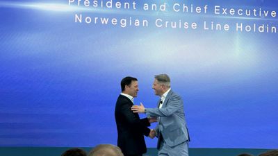 Norwegian Cruise Line Holdings CEO John Chidsey (left) and Norwegian Cruise Line CEO Marc Kazlauskas at the Norwegian Luna's christening ceremony.