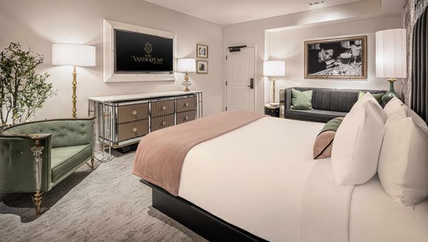 Vanderpump Hotel rooms feature moss-green hues and touches of lavender. Vanderpump Hotel rooms feature moss-green hues and touches of lavender.