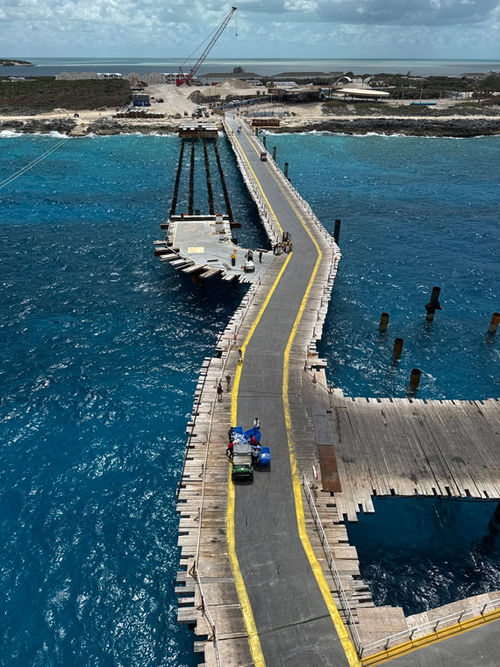 The Great Stirrup Cay pier under construction. The Great Stirrup Cay pier under construction.