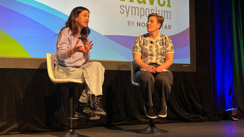 Vail Resorts' chief revenue officer Celeste Burgoyne (left) speaks with Northstar Travel Group's Catherine Brask (right) at the Mountain Travel Symposium.