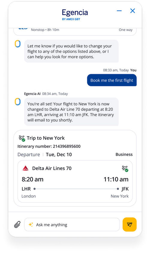 An example of a conversation with Egencia AI. An example of a conversation with Egencia AI.
