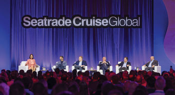 The State of the Global Cruise Industry Keynote panel at Seatrade. From left, moderator Contessa Brewer, Carnival Corp.'s Josh Weinstein, Royal Caribbean Group's Jason Liberty, MSC Group's Pierfrancesco Vago, Norwegian Cruise Line Holdings' John Chidsey and CLIA's Bud Darr.