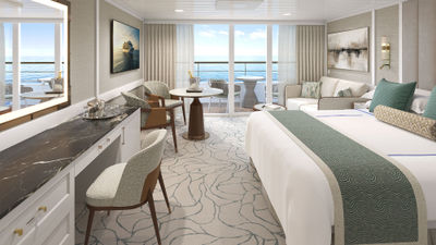 A rendering of a redone Penthouse Suite on the Oceania Aurelia, the new name for the Oceania Nautica.