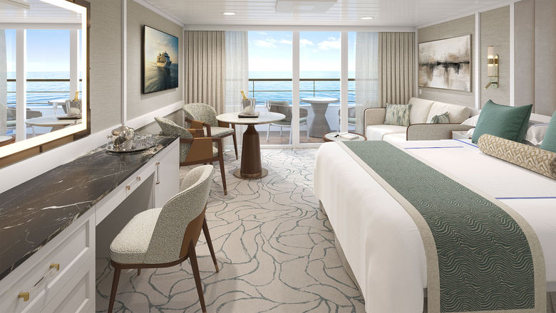 A rendering of a redone Penthouse Suite on the Oceania Aurelia, the new name for the Oceania Nautica.