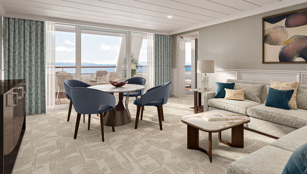 Oceania will add and remaster suites on the newly named Oceania Aurelia. Pictured, a Penthouse Suite rendering.