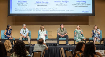 From left: Johanna Jainchill, editor in chief of Travel Weekly; David Hu, CEO of A|T Collective; Katrin Koenig, chief commercial officer of Delta Vacations; Ray Snisky, group president of ALG Vacations; Melissa Krueger, CEO of Classic Vacations; Mary Pat Sullivan, executive vice president of marketing and partnerships at Northstar Travel Group.