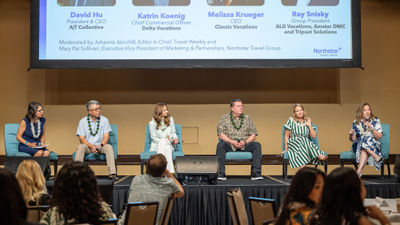 From left: Johanna Jainchill, editor in chief of Travel Weekly; David Hu, CEO of A|T Collective; Katrin Koenig, chief commercial officer of Delta Vacations; Ray Snisky, group president of ALG Vacations; Melissa Krueger, CEO of Classic Vacations; Mary Pat Sullivan, executive vice president of marketing and partnerships at Northstar Travel Group.