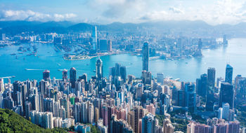 The view from Victoria Peak on Hong Kong Island, looking across the harbor to Kowloon.