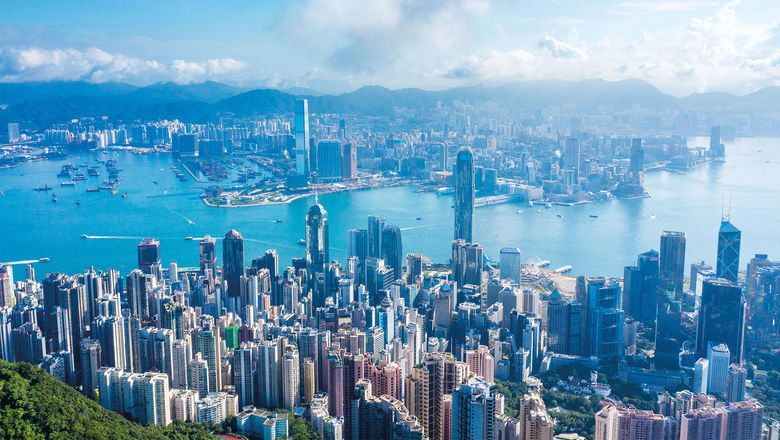 The view from Victoria Peak on Hong Kong Island, looking across the harbor to Kowloon.
