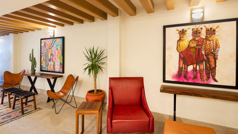 The lobby of Kadun Hotel Boutique features art inspired by the indigenous Pericu people who lived in the southernmost portion of Baja California Sur.