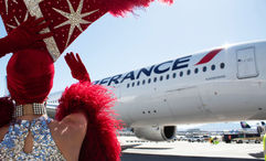 Showgirls at Harry Reid Airport welcome the inaugural flight of AF56 on April 15, launching Air France's first regularly scheduled service to Las Vegas.