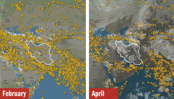Images of flight traffic show much lighter traffic across the Middle East on an early Tuesday evening in late February compared to one in late April. Images of flight traffic show much lighter traffic across the Middle East on an early Tuesday evening in late February compared to one in late April.